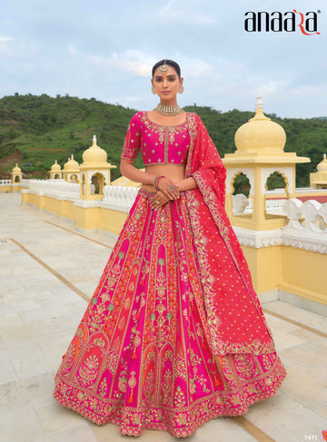 Beautiful Traditional Designer Elegant Pink Embroidery Work Cut Work Silk Lehenga - 7411